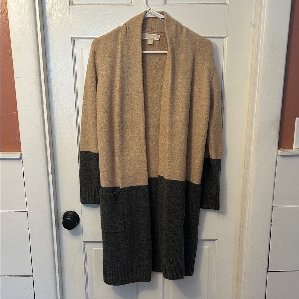 Michael Kors Two-Tone Open Front Cardigan in Camel and Charcoal